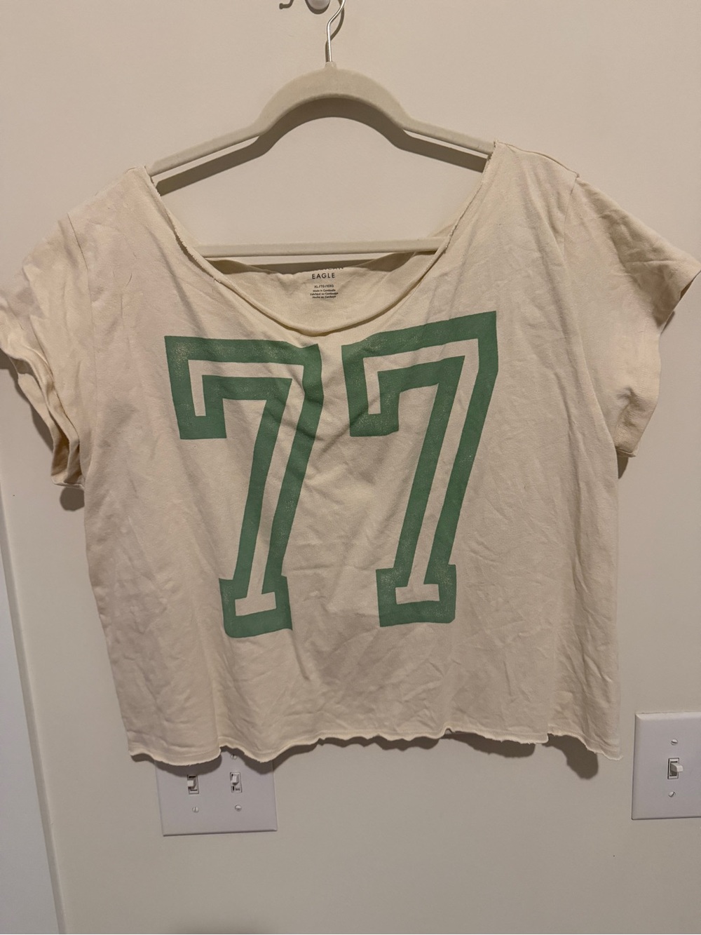 American Eagle Outfitters Cream Crop Tee with Green '77' Graphic